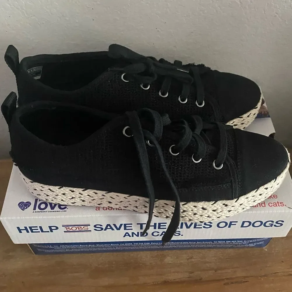 Skechers BOBS Women Espadrille Lace-Up Sneakers Platform Shoes Black Size 8
